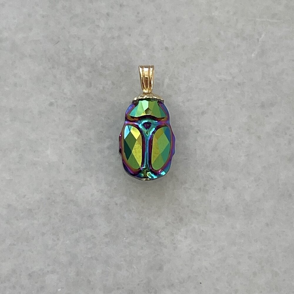 Solid 14K Yellow Gold Swarovski Crystal Scarab Beetle Necklace Pendant Charm
